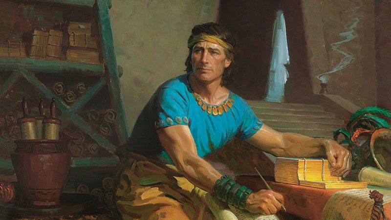 Мормон, основният автор на Книгата на Мормон, преписва златните плочи в една пещера